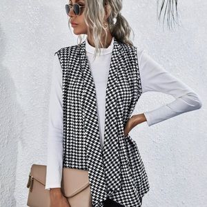 NEW Houndstooth Print Waterfall Collar Vest